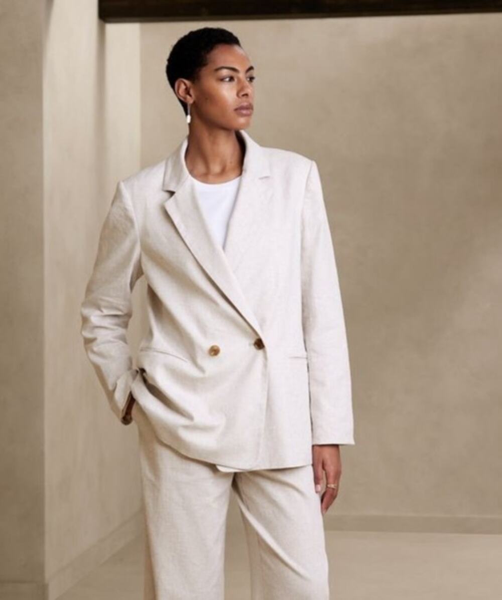 Banana Republic Linen Blend Double Breasted Blazer 10 Flax Quiet Luxury Minimal